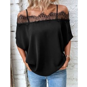 3020490 Blue Striped Cold Shoulder Lace Blouse main image 1